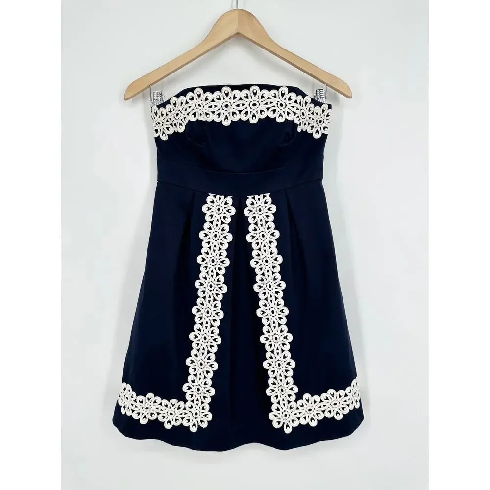Lilly Pulitzer Betsy Strapless Dress Stretch Floral Eyelet Lace Pleated, Blue - Picture 3 of 9